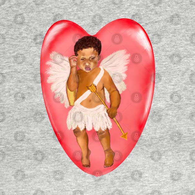 The Best Valentine’s Day Gift ideas 2022, Confused Cupid in a Redbubble .... baby angel holding an arrow - In a contemplative pose with curly Afro Hair and gold arrow by Artonmytee
